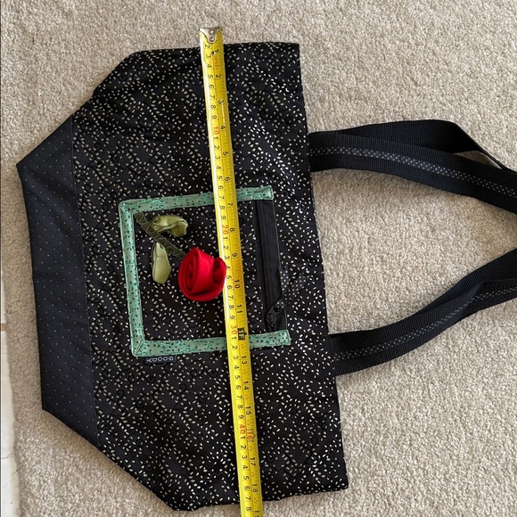 Goody Stylish Large Black Tote Bag with Green and Red Rose Accents - Picture 2 of 7